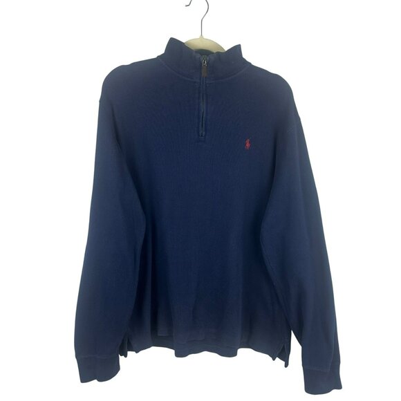 Polo Ralph Lauren Estate Rib‎ Quarter Zip Sweater Men Medium Navy Blue Pony Logo - Picture 1 of 6